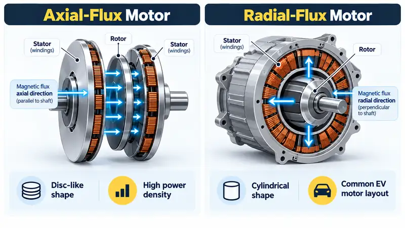 Illustration comparing axial-flux and radial-flux electric motor geometry and magnetic flux direction