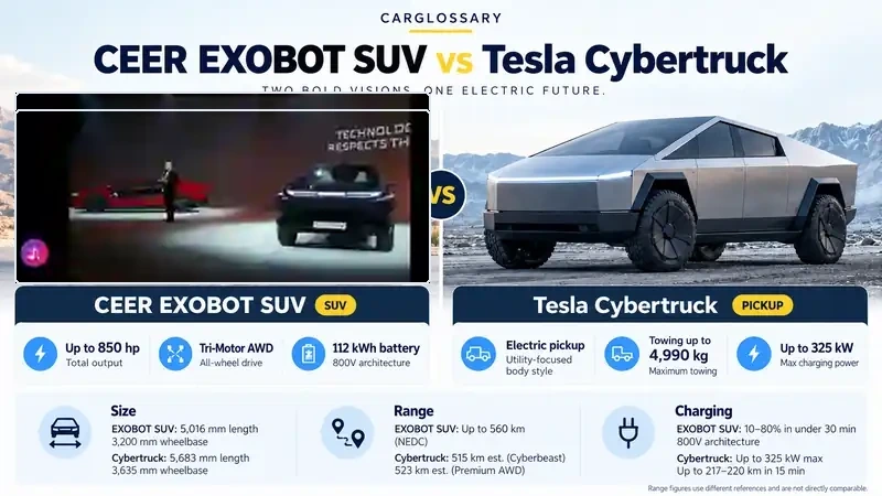 CarGlossary illustration comparing CEER EXOBOT SUV and Tesla Cybertruck