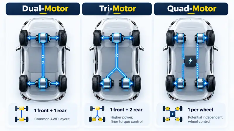 رسم يوضح الترتيب الشائع لأنظمة Dual-Motor وTri-Motor وQuad-Motor في السيارات الكهربائية