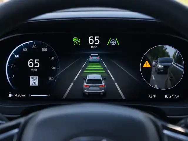 Illustrative digital instrument cluster showing adaptive cruise control, following distance and nearby vehicle detection