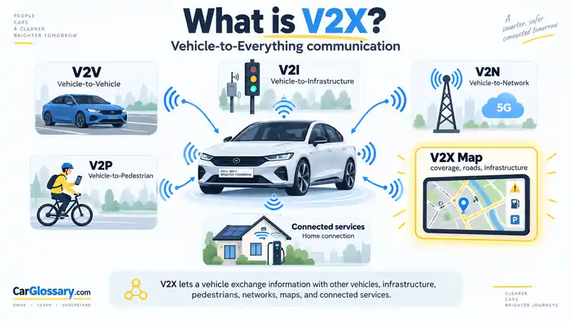 رسم يوضح اتصال V2X بين السيارة والمركبات والإشارات والبنية التحتية والمشاة والشبكة