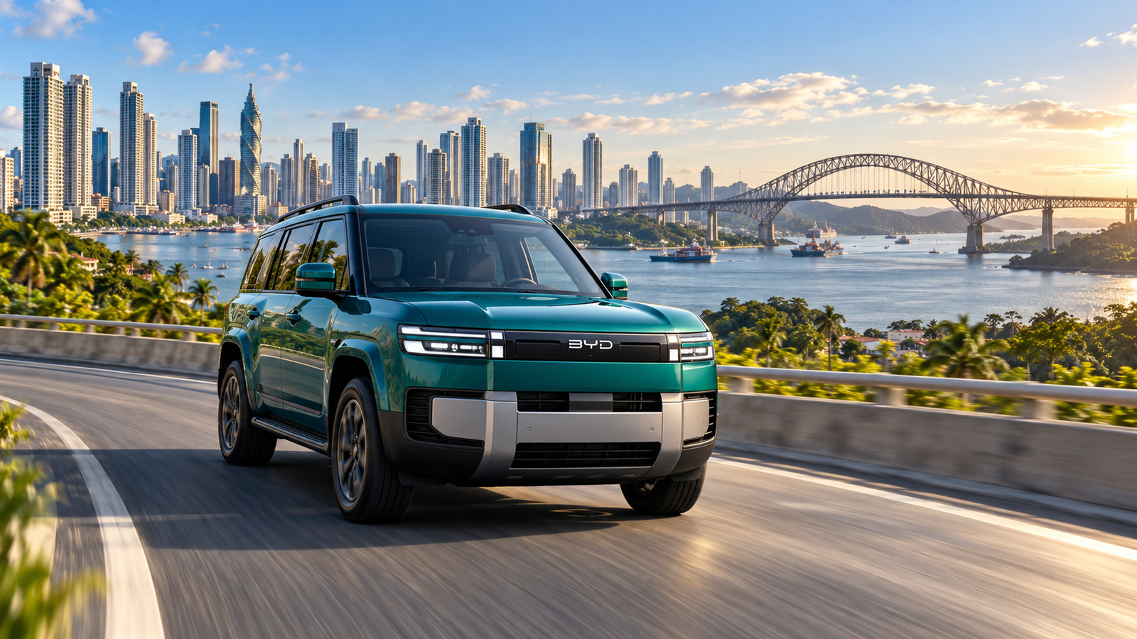 Ilustración del BYD Ti7 verde frente al perfil urbano de Ciudad de Panamá y el Puente de las Américas