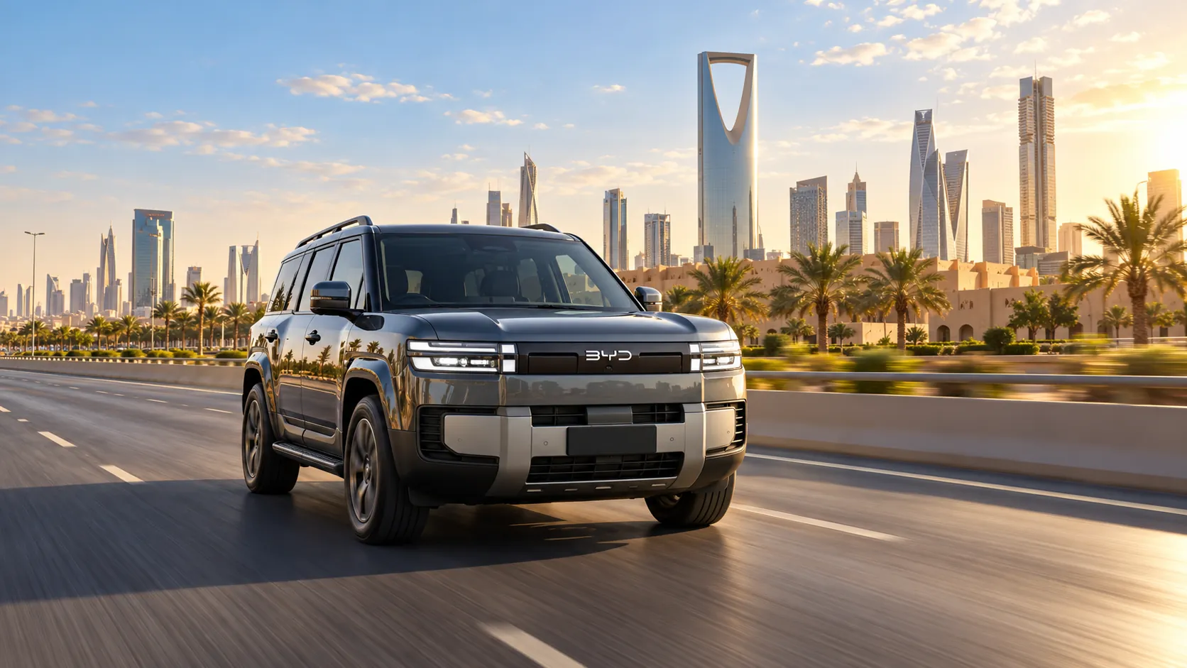 AI editorial rendering of a grey BYD Ti7 in Riyadh