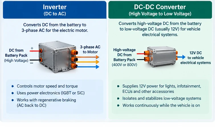 Traction inverter converting high-voltage battery DC to controlled AC for a drive motor, compared with a DC-to-DC converter supplying a lower-voltage accessory system.