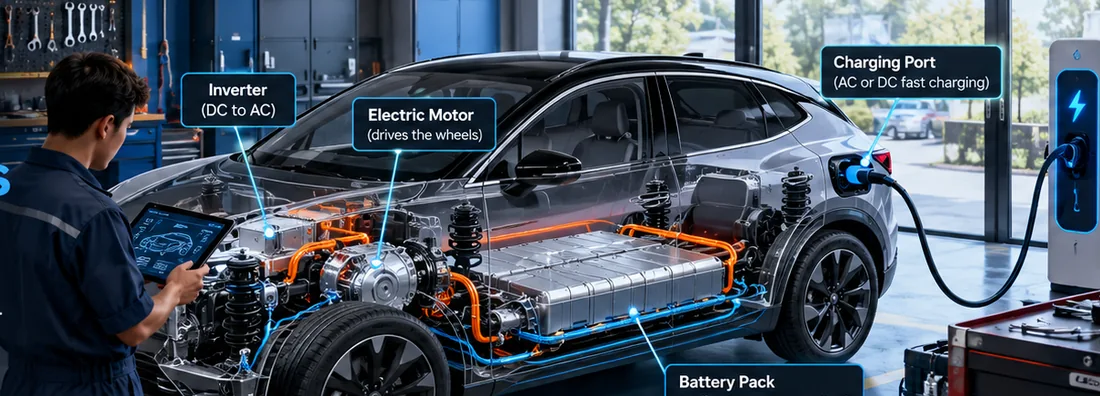 Illustrated electric car in a training workshop with a technician using a diagnostic tablet and battery, electric motor, inverter and charging systems highlighted.