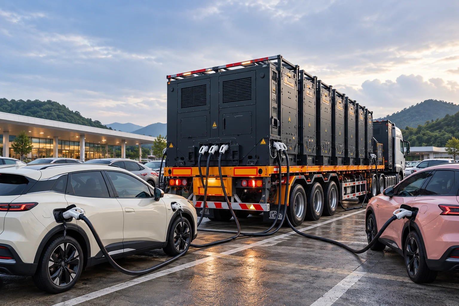 Concept illustration of a mobile battery trailer supplying fast charging to electric vehicles at a highway rest stop