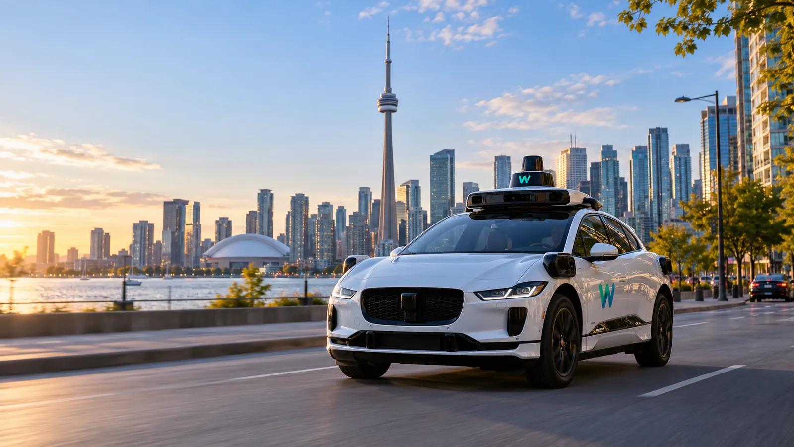AI-generated illustration of a white autonomous electric vehicle with roof-mounted sensors driving beside Toronto's waterfront, with the CN Tower and skyline behind