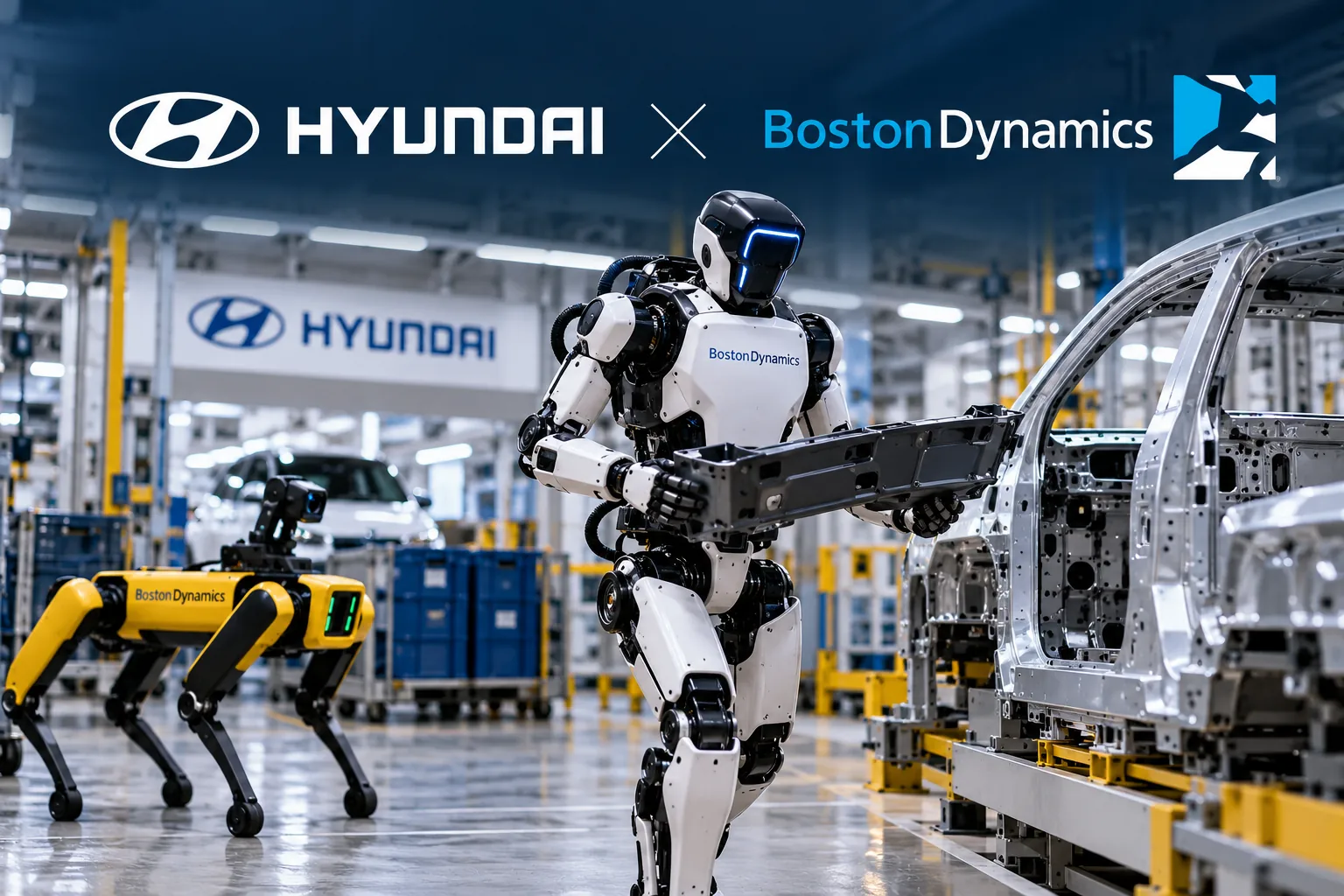AI-generated concept of a Hyundai automotive assembly line with humanoid and quadruped robots, labeled Hyundai and Boston Dynamics